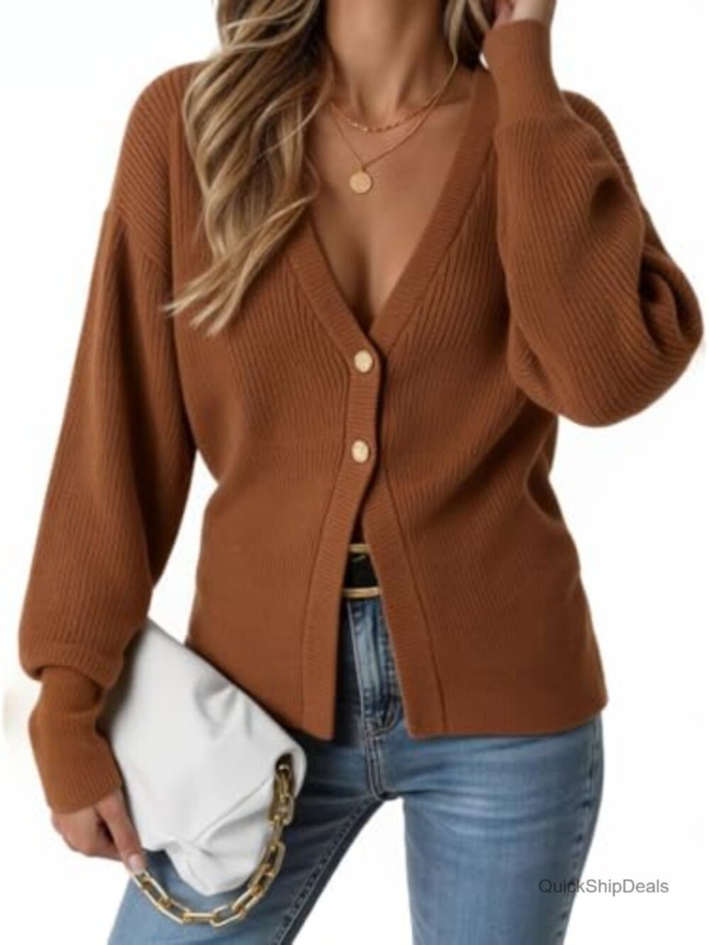 Chunky Knit Button Down V Neck Cardigan Sweater